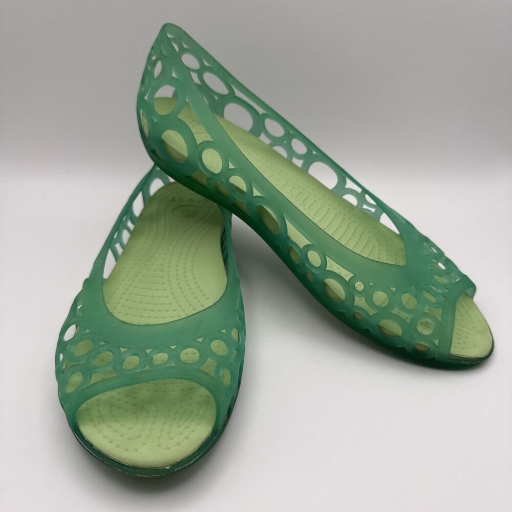 Crocs Adrina Sz 9 Green Jelly Shoes Peep Toe Flats Waterproof Cutout Circles Y2K